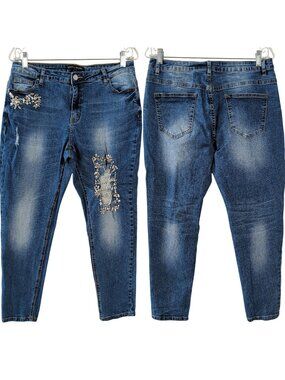 Boston Proper Womens Jeans Sz 14 Rhinestone Embellished Distressed Tapered Blue